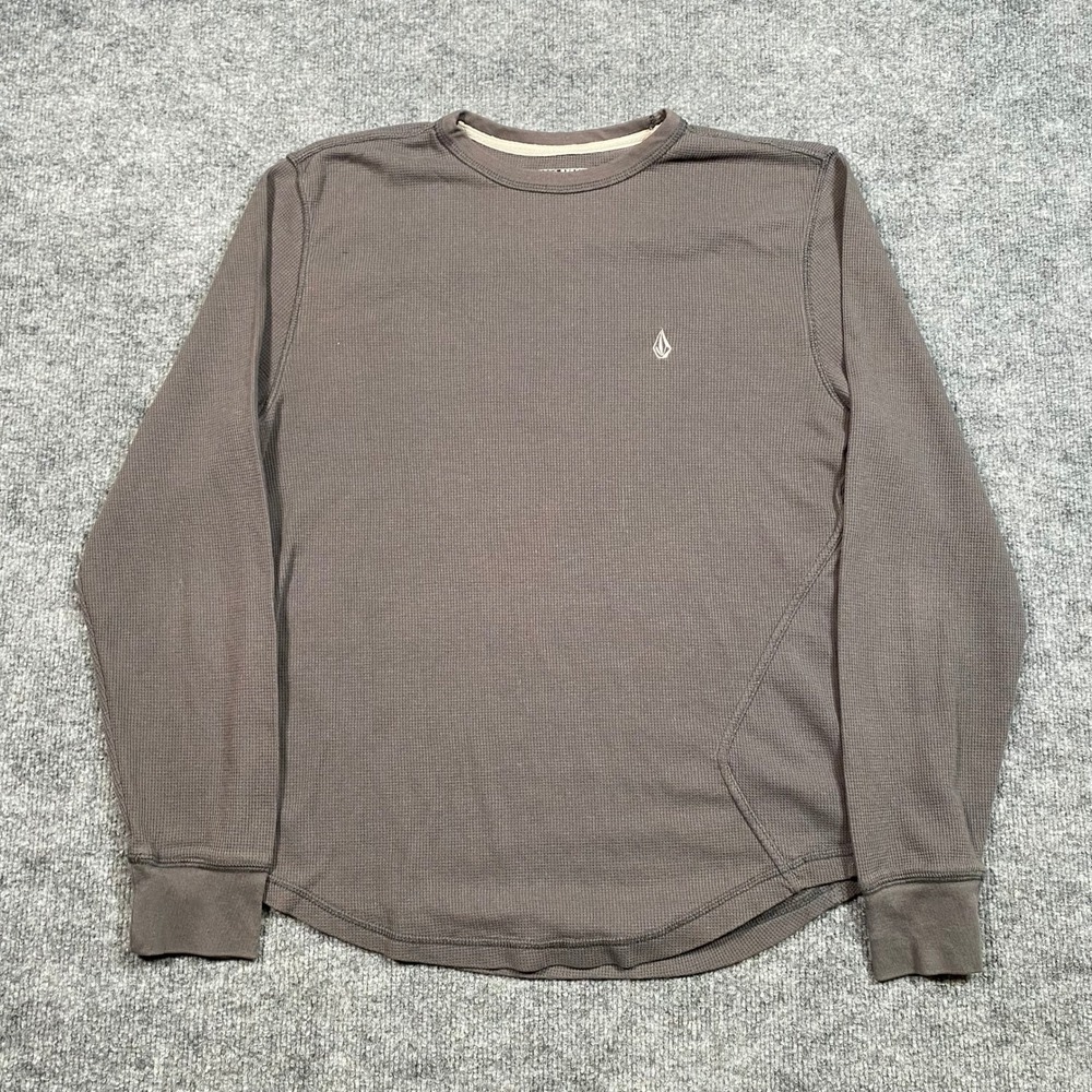 Volcom Mens XL Gray Thermal Waffle Knit Long Sleeve Shirt Curved Hem Skater